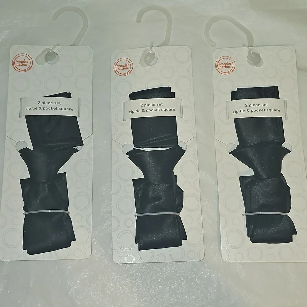Wonder Nation Boys Zip Necktie and Pocket Square Set 2-Piece, Lot of 3 Black New